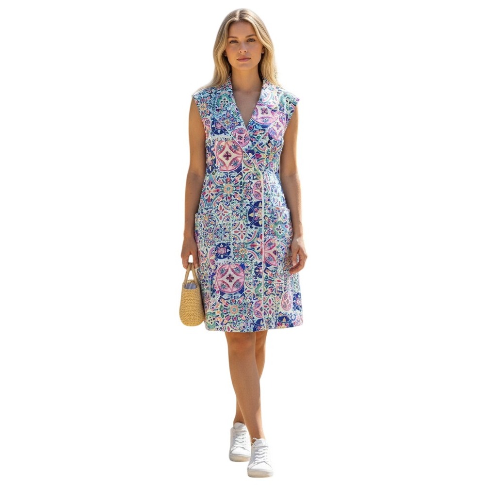 Hermoza Sleeveless Tile Print Double Breasted Dress Long Vest Multi Color NWT